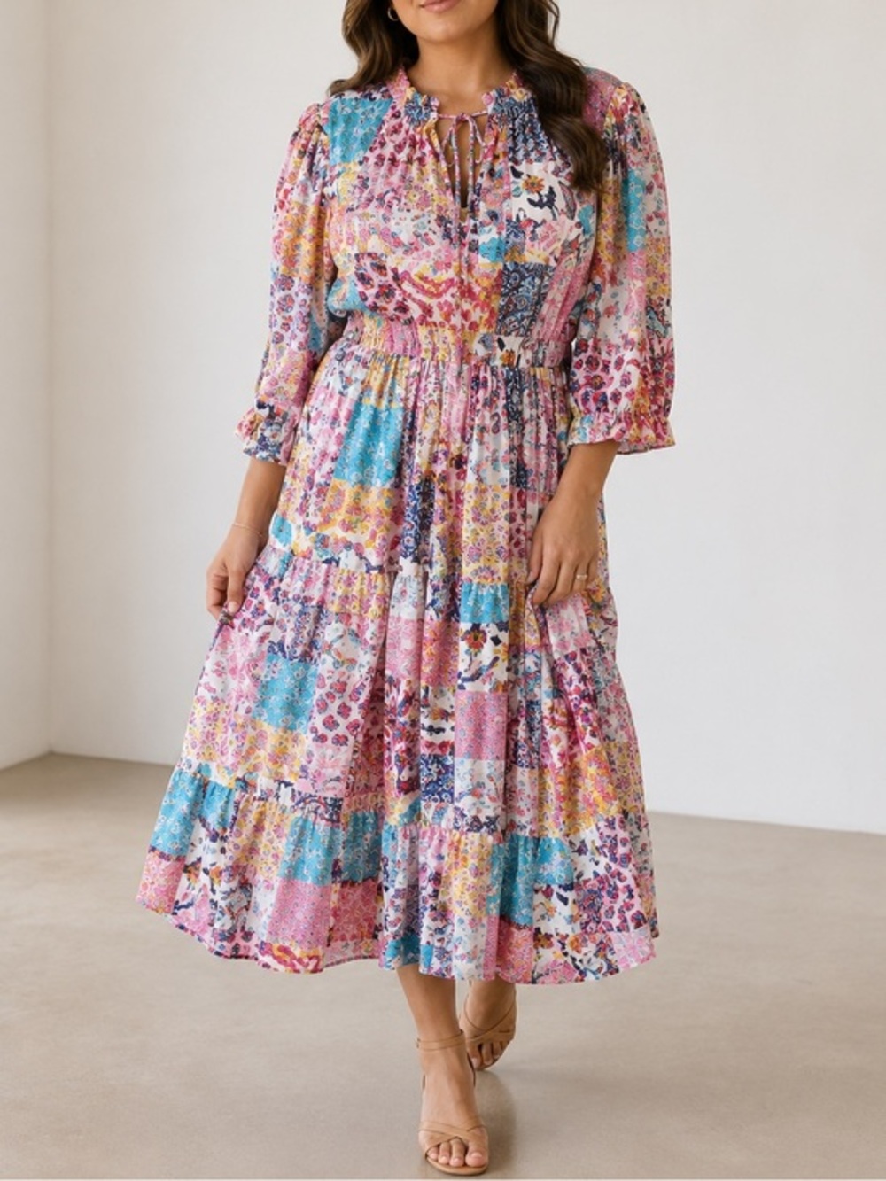 Lola Australia Kara Pacific Bluebell Patchwork Boho Button Front Midi Dress